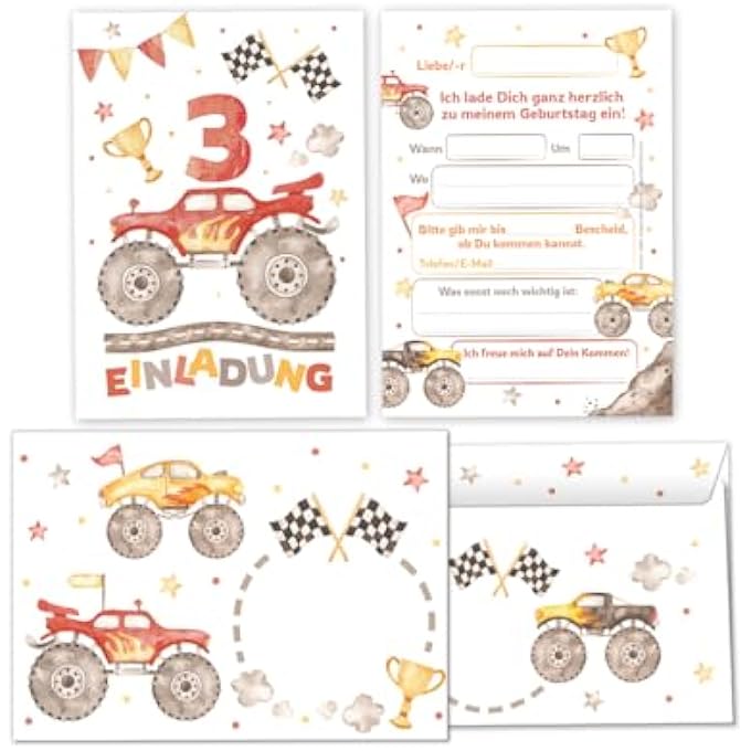 12 INVITATION CARDS FOR 3RD CHILDREN'S BIRTHDAY BOYS MONSTER TRUCK CAR INVITATION FOR THIRD BIRTHDAY INCLUDES 12 ENVELOPES, 12 PARTY BAGS / PETROL BLUE, 12 STICKERS AND 12 BOOKMARKS - Image 3